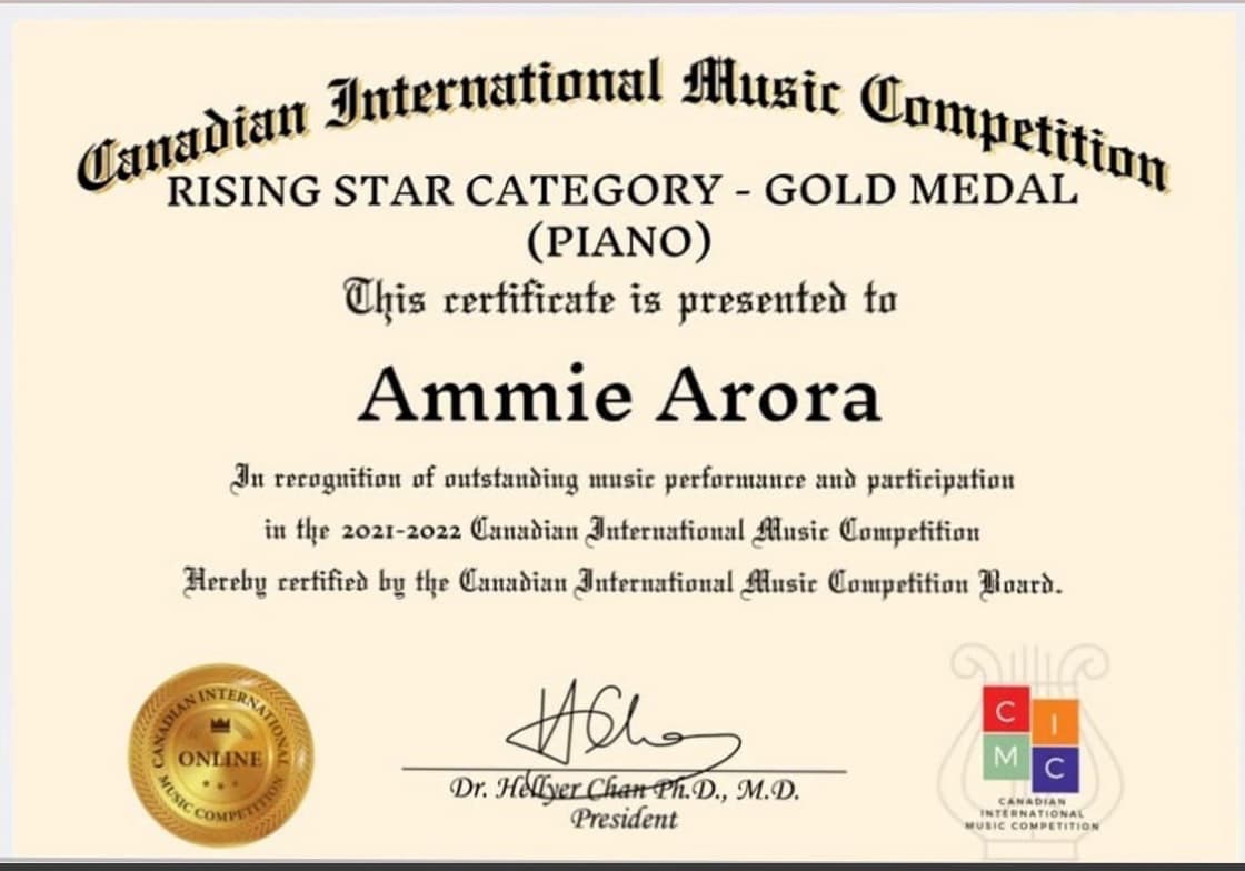 Canadian International Music competition | Gold Medal (Classical, Rising Star)