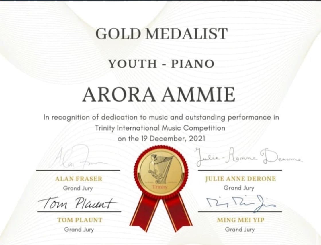 Trinity International Music Competition, Canada | Gold Medal (Classical, Solo)