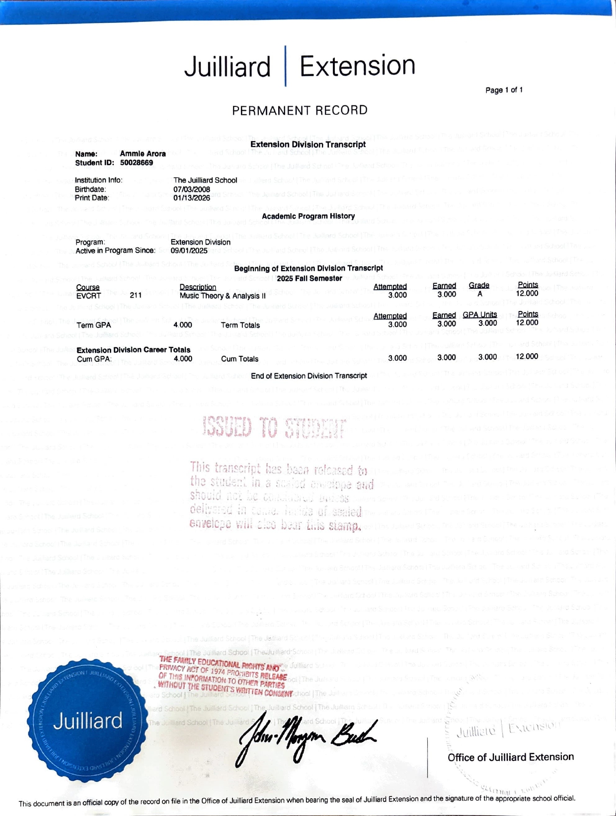 Juilluard Extension Program Completion Certificate