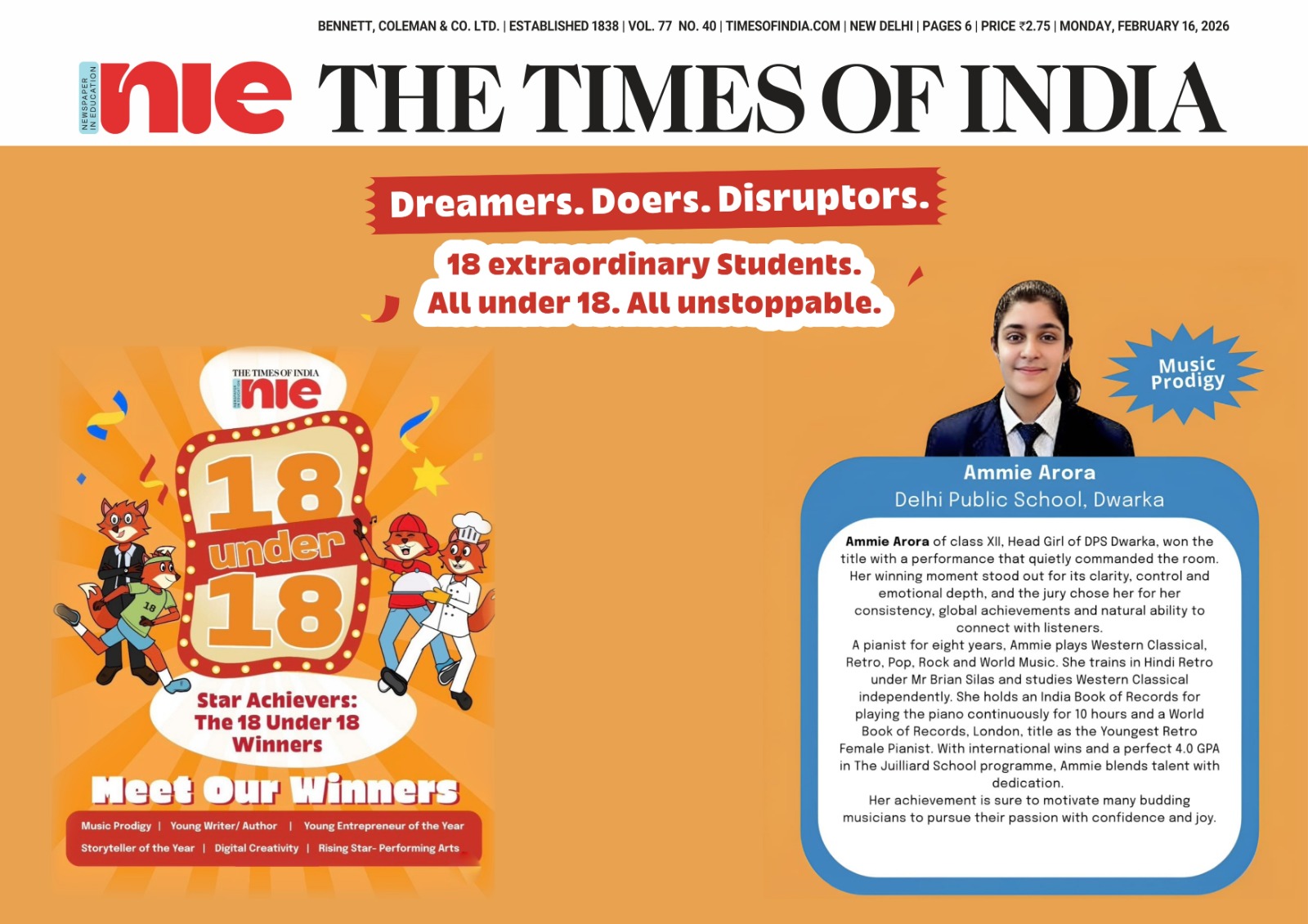 Ammie Arora featured in Times of India - 18 Under 18 Star Achievers